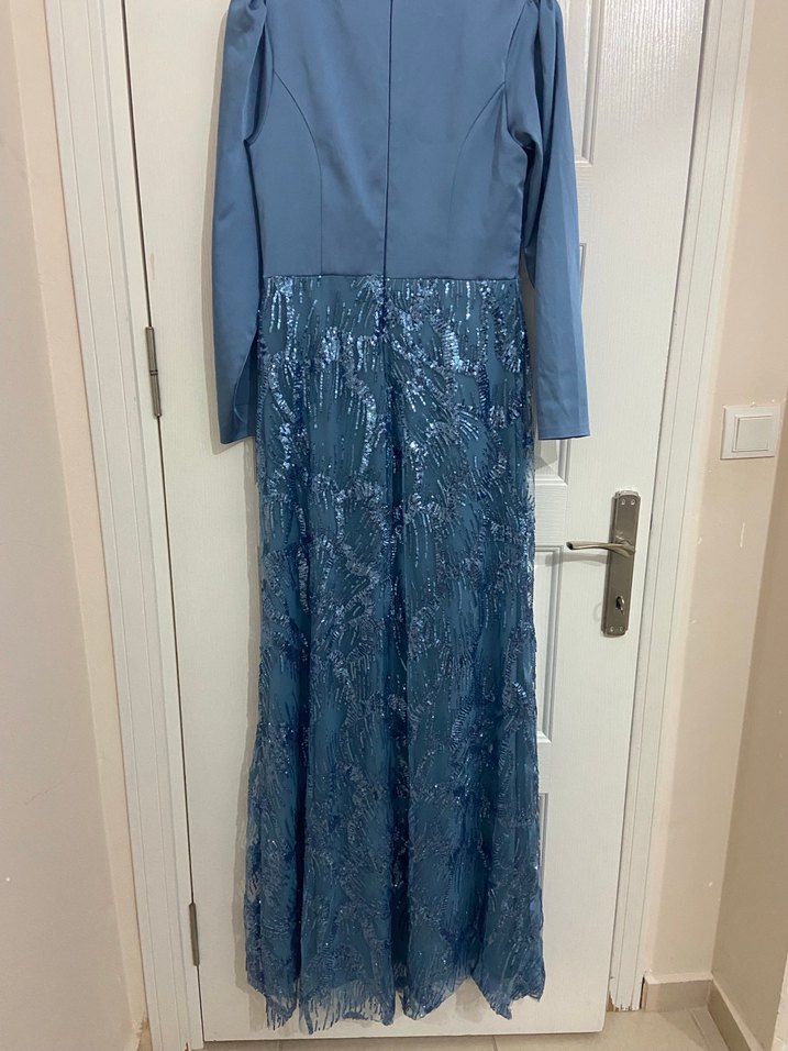 Drapeli Uzun Kollu Mavi Abiye Elbise - Görsel 3