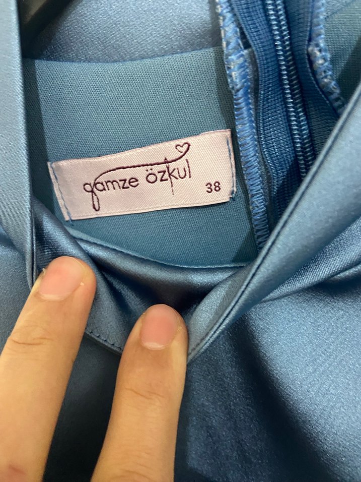 Drapeli Uzun Kollu Mavi Abiye Elbise - Görsel 4