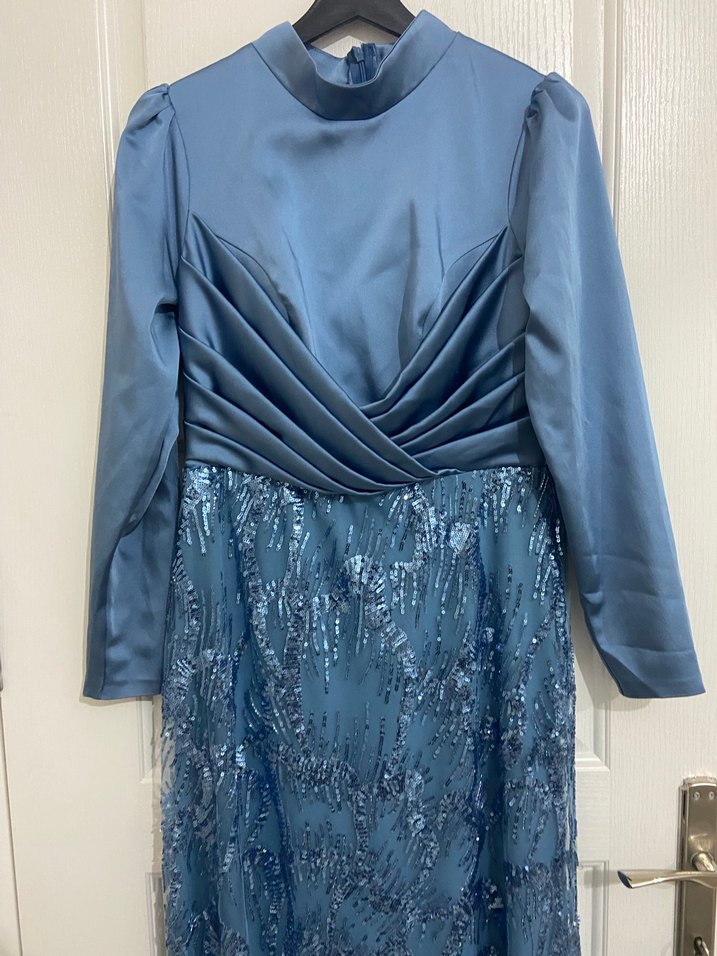 Drapeli Uzun Kollu Mavi Abiye Elbise - Görsel 2