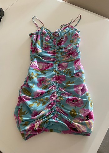 Zara Çiçekli Turkuaz Mini Elbise
