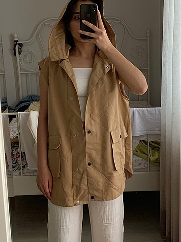 38 Beden camel Renk Hewes Oversize Uzun Yelek