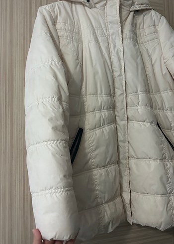 xxl Beden Beyaz Kadın Kapitone Mont, Düğmeli, Kapüşonlu
