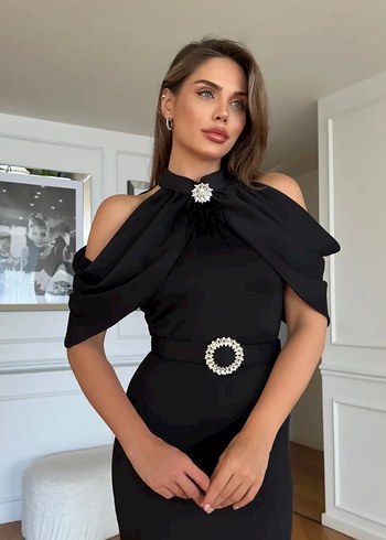 Siyah Midi Klasik Abiye Elbise