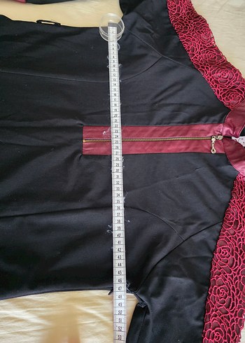 Bordo Nakışlı Uzun Deri detaylı Elbise - Görsel 6