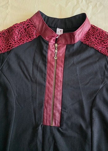 Bordo Nakışlı Uzun Deri detaylı Elbise - Görsel 8