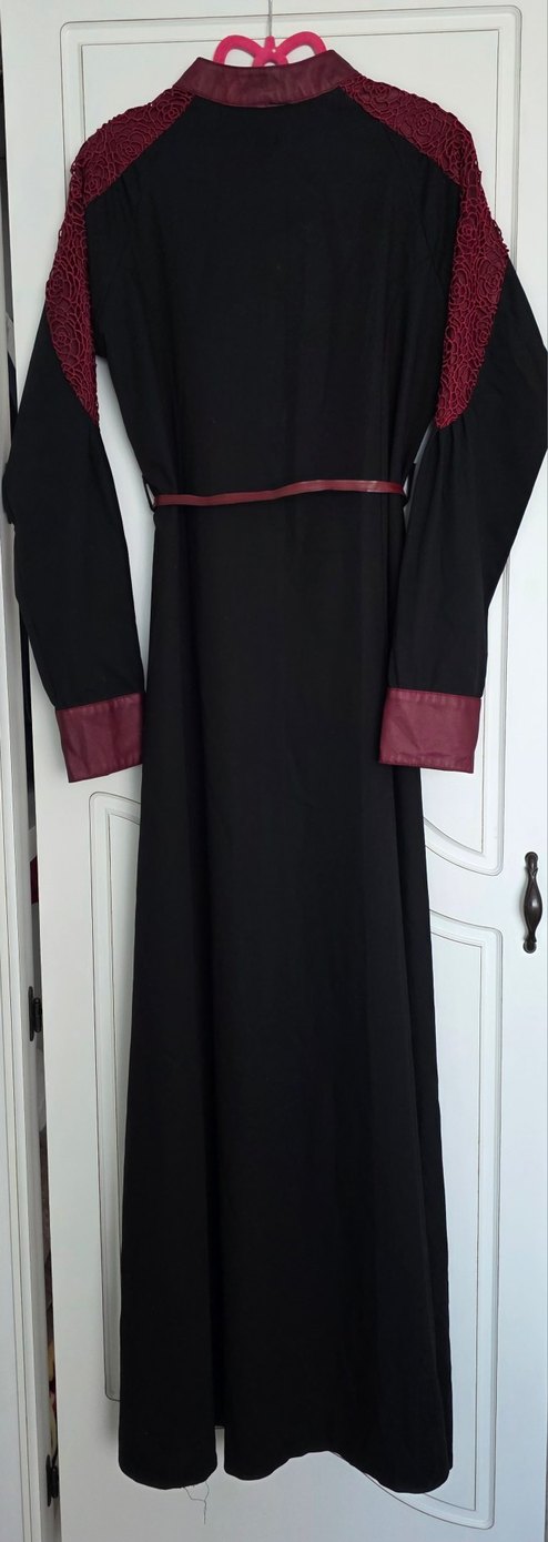 Bordo Nakışlı Uzun Deri detaylı Elbise - Görsel 5