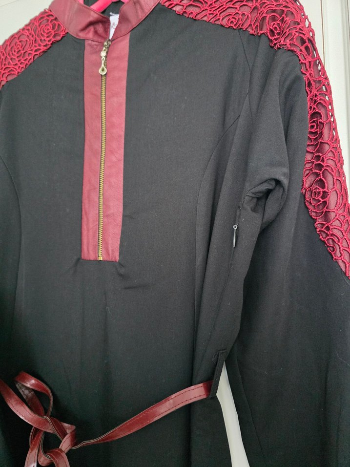 Bordo Nakışlı Uzun Deri detaylı Elbise - Görsel 2