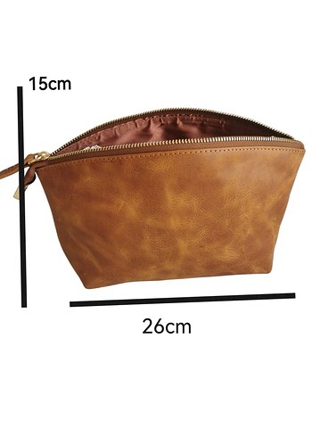 Kahverengi Deri Kadın Makyaj Çantası - Görsel 5