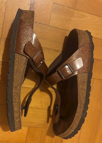Birkenstock Kahverengi Deri Tokalı Simli Birkenstock Kadın Terlik