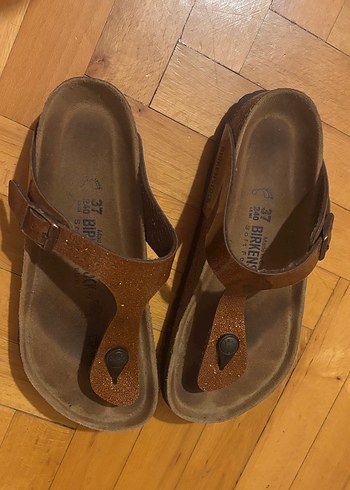 Kahverengi Deri Tokalı Simli Birkenstock Kadın Terlik