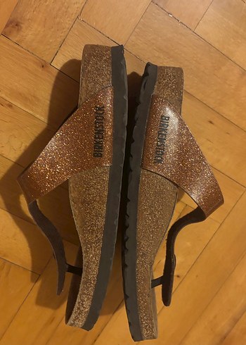 Kahverengi Deri Tokalı Simli Birkenstock Kadın Terlik