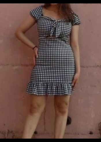 Gri Kareli Midi Strappy Elbise