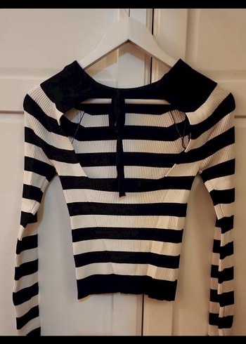 Siyah-Beyaz Çizgili İnce Triko Kadın Kazak - Görsel 2