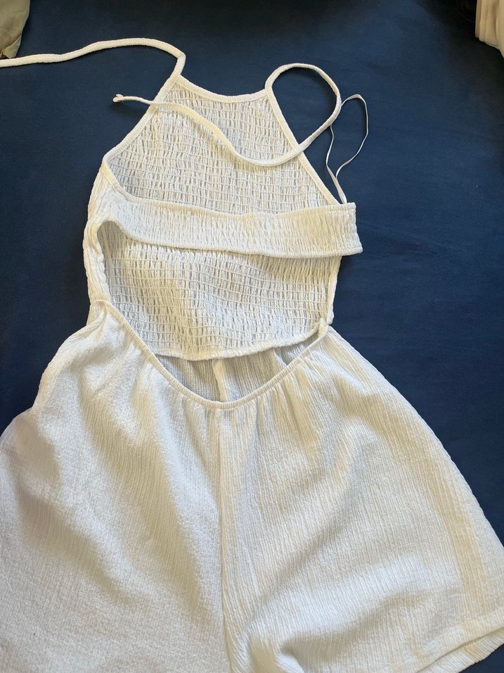 Beyaz Keten Askılı Midi Tulum - Görsel 2