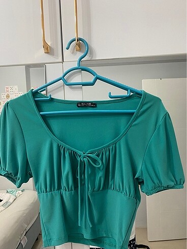 Zara Turkuaz renk prenses yaka crop