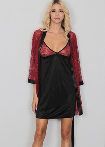 Bordo Saten Gecelik ve Sabahlık Takımı - Görsel 3