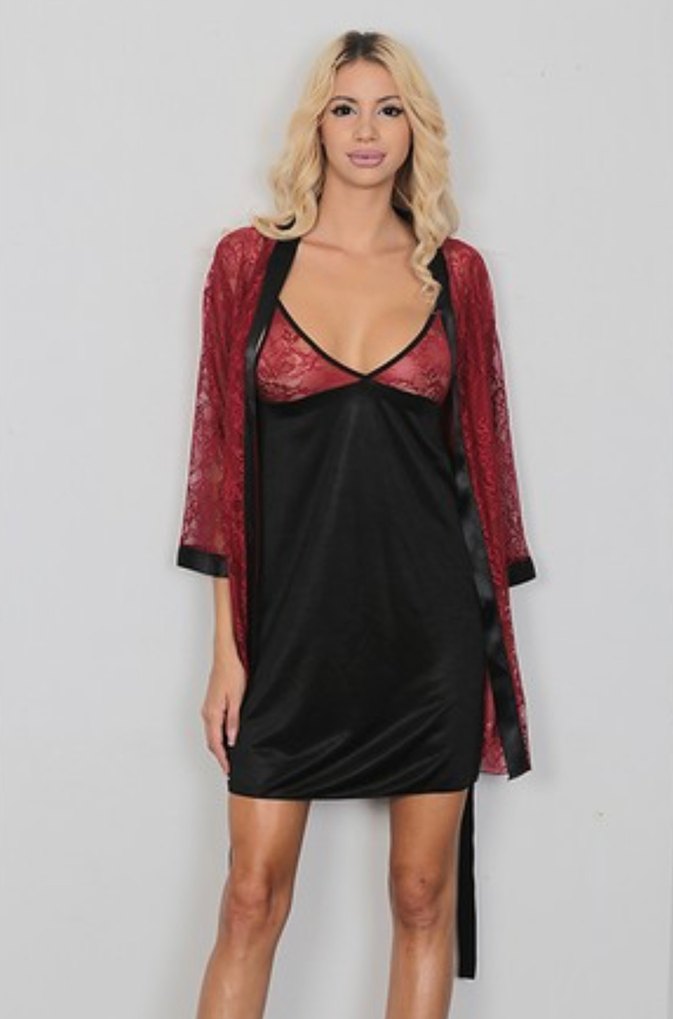 Bordo Saten Gecelik ve Sabahlık Takımı - Görsel 3