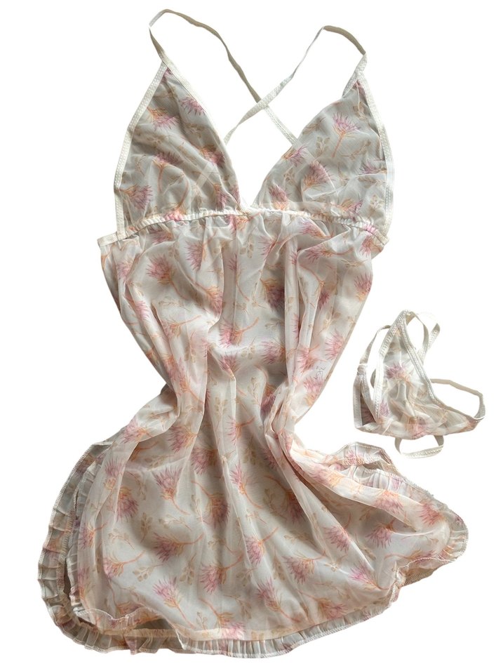 Çiçek Desenli Beyaz Mini Gecelik - Görsel 5