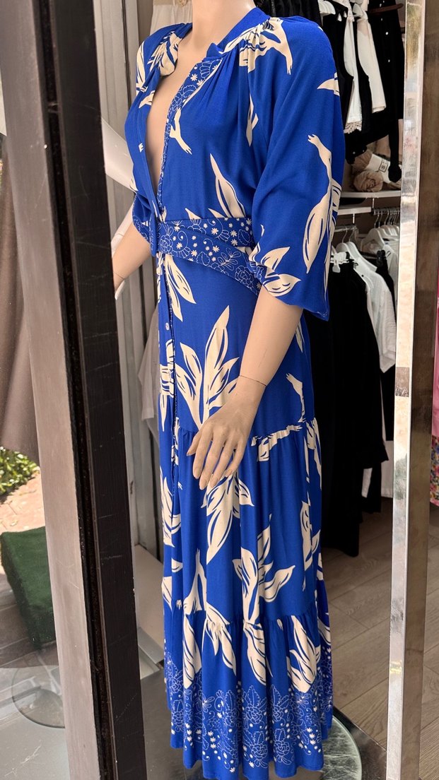 Mavi Uzun çiçek Desenli Kemerli Elbise - Görsel 2