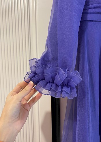 Uzun Kollu Mor Drapeli Kadın Abiye Elbise - Görsel 2