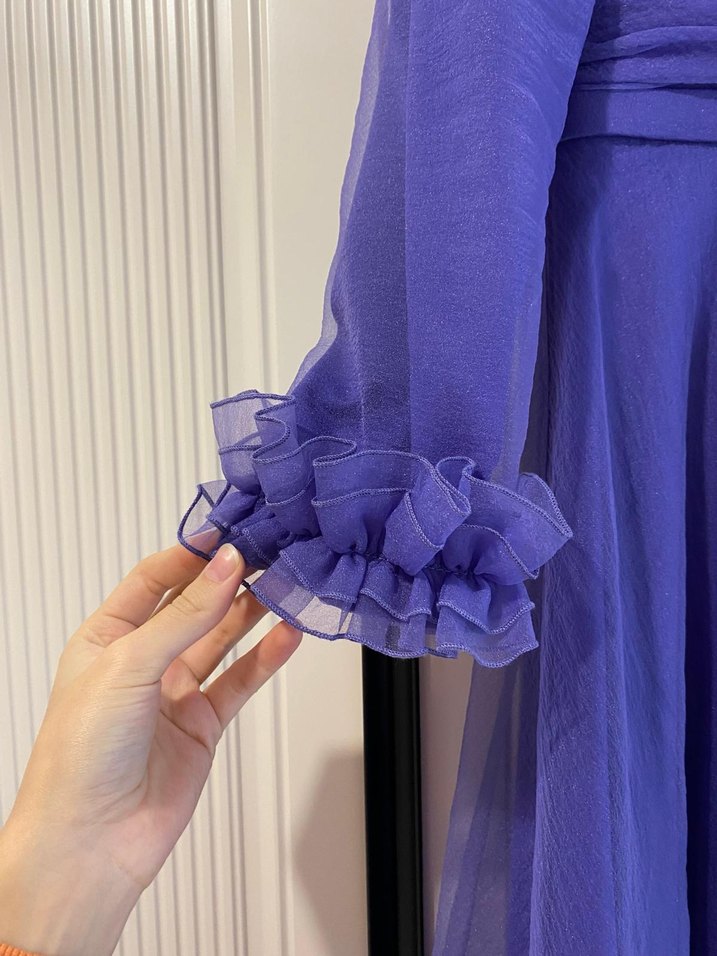 Uzun Kollu Mor Drapeli Kadın Abiye Elbise - Görsel 2