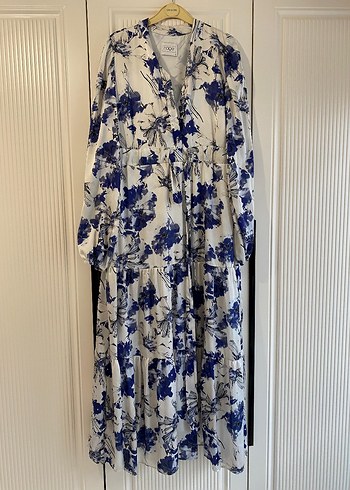 Uzun Kollu Mavi Beyaz Desenli Elbise - Görsel 2