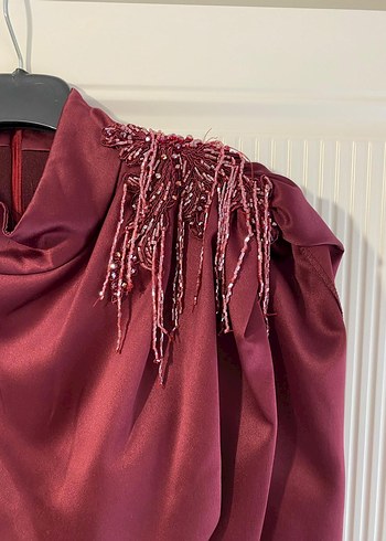 Bordo Uzun Kollu Drapeli Kadın Abiye Elbise - Görsel 3