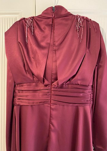 Bordo Uzun Kollu Drapeli Kadın Abiye Elbise - Görsel 6