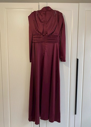 Bordo Uzun Kollu Drapeli Kadın Abiye Elbise - Görsel 7