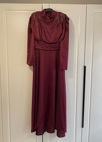 Bordo Uzun Kollu Drapeli Kadın Abiye Elbise - Görsel 2