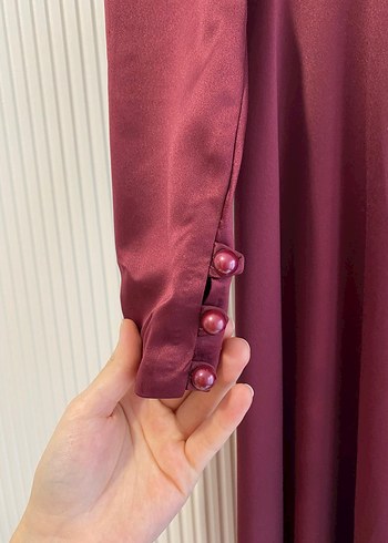 Bordo Uzun Kollu Drapeli Kadın Abiye Elbise - Görsel 4