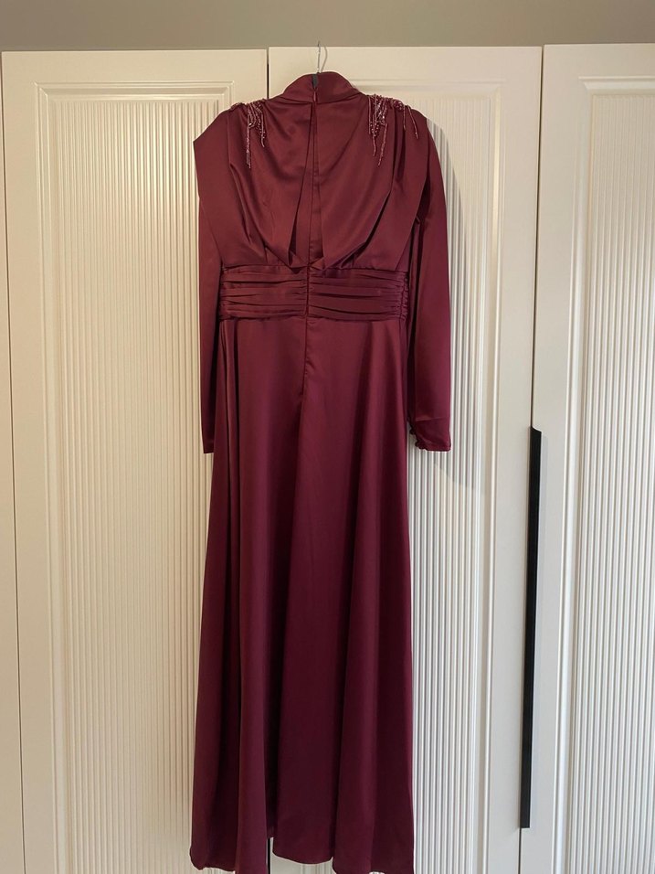 Bordo Uzun Kollu Drapeli Kadın Abiye Elbise - Görsel 5