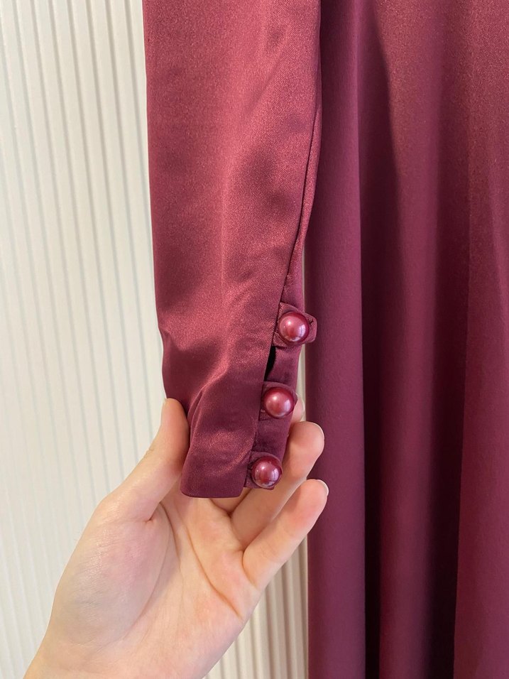 Bordo Uzun Kollu Drapeli Kadın Abiye Elbise - Görsel 4