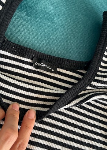 Diğer Siyah Beyaz Çizgili Uzun Kollu Crop Top