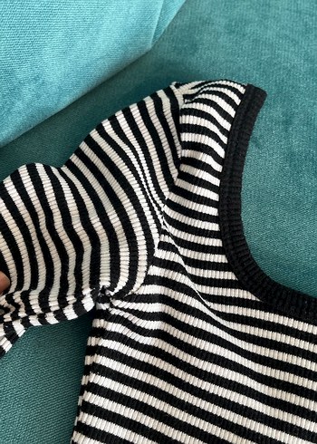 m Beden siyah Renk Siyah Beyaz Çizgili Uzun Kollu Crop Top