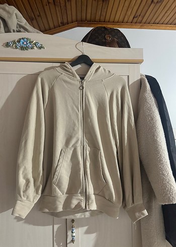Gri Bej Kapüşonlu Fermuarlı Kadın Sweatshirt