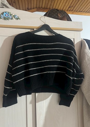 Siyah Çizgili Oversize Triko Kazak