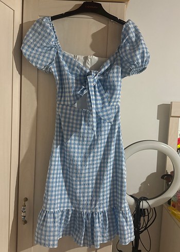 Mavi Kareli Mini Elbise