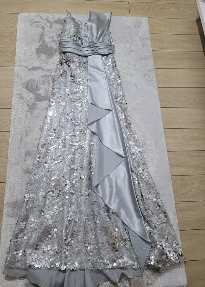 Gümüş rengi  pullu  abiye - Görsel 4