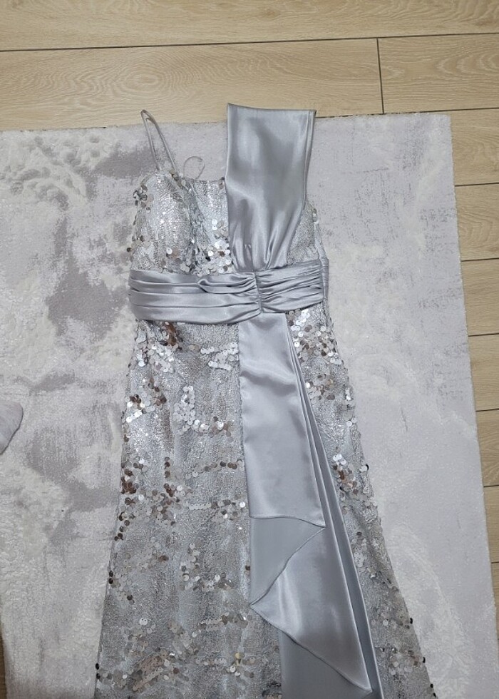 Gümüş rengi  pullu  abiye - Görsel 5