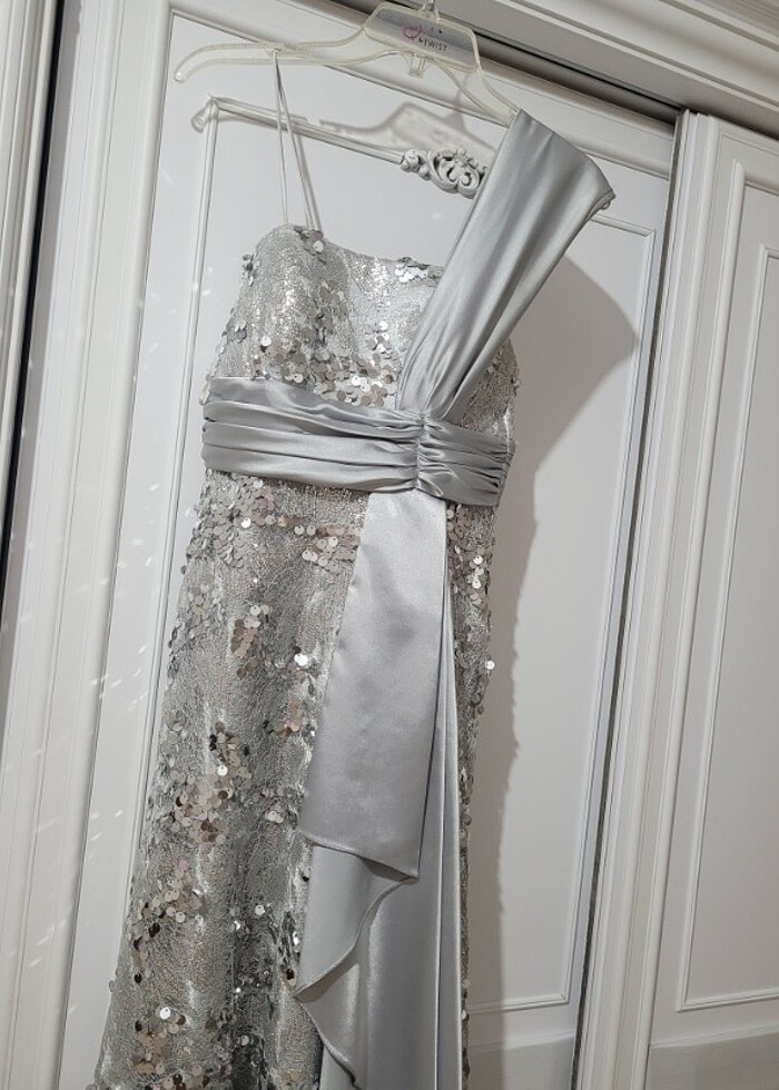 Gümüş rengi  pullu  abiye - Görsel 3