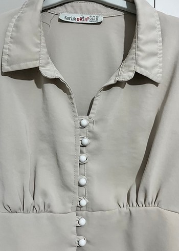 Bej V Yaka Uzun Kollu Kadın Gömlek - Görsel 4