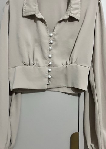 Bej V Yaka Uzun Kollu Kadın Gömlek - Görsel 2