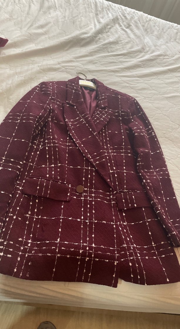 Bordo Kareli Kadın Blazer Ceket - Görsel 3