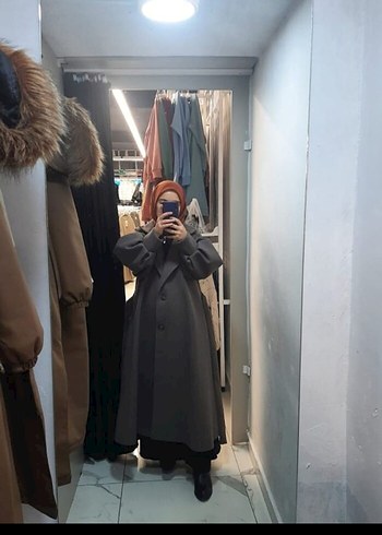 40 Beden Gri Midi Kadın Palto Notch Yaka