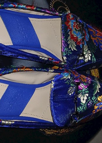 Diğer Buckled Desenli Mavi Saten Topuklu Kadın Babet