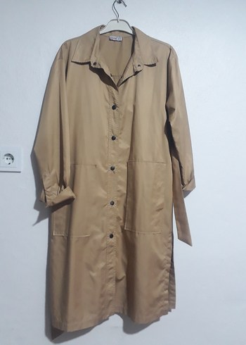 Bej Düğmeli Uzun Keten Kadın Trençkot - Görsel 2