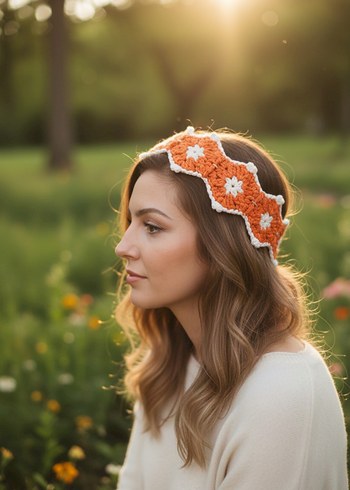 Turuncu Dantel Örgü Bohem Saç Bandı - Görsel 3
