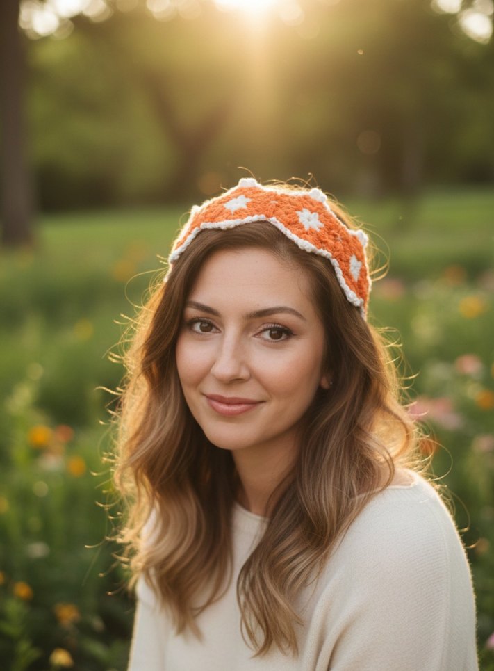 Turuncu Dantel Örgü Bohem Saç Bandı - Görsel 2