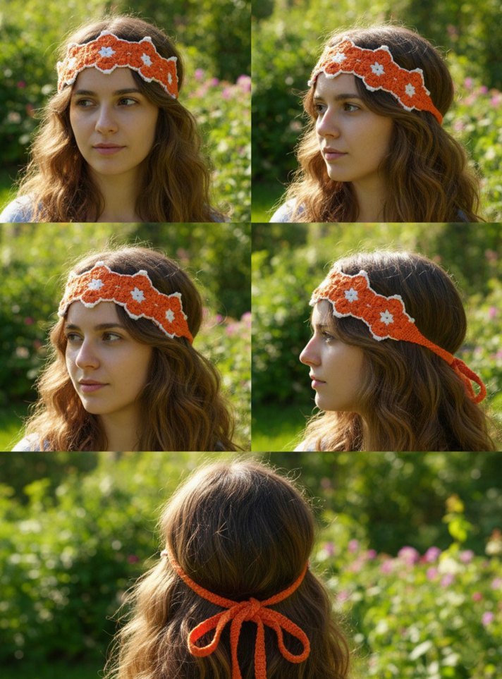 Turuncu Dantel Örgü Bohem Saç Bandı - Görsel 4